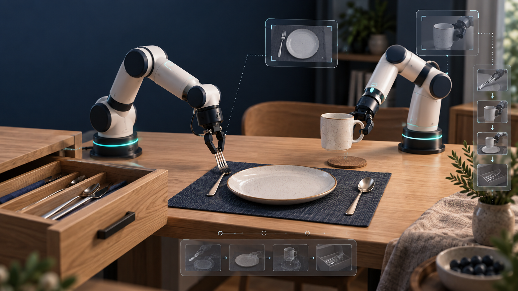 Two simulated robot arms coordinating around dinner table objects